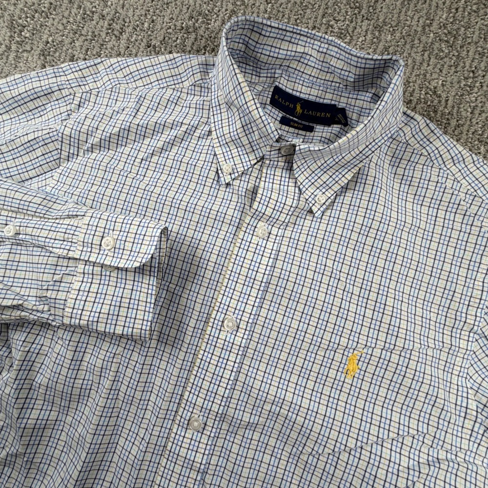 Ralph Lauren Button Down Men 16 32/33 Blue Check Slim Fit Tattersall Shirt